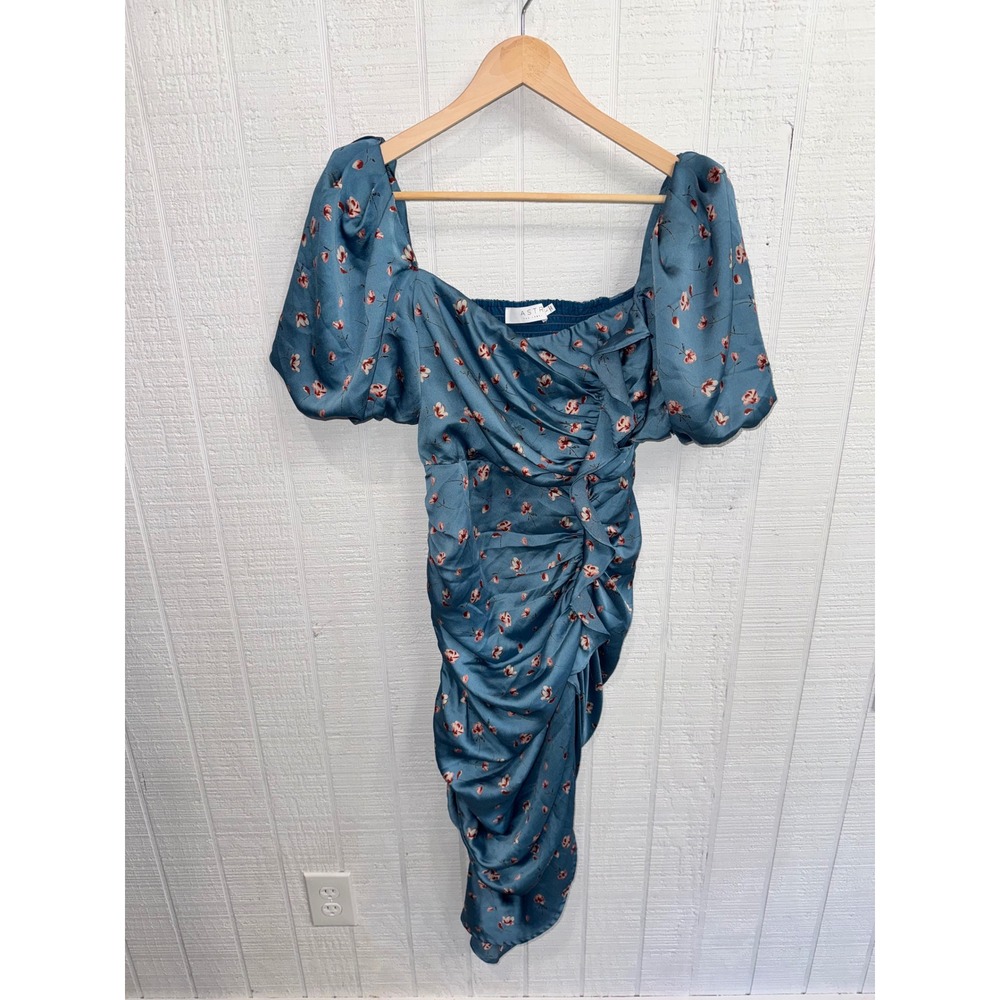 ASTR The Label Dress Women Blue Floral Ruched Puff Sleeve Satin Midi Small